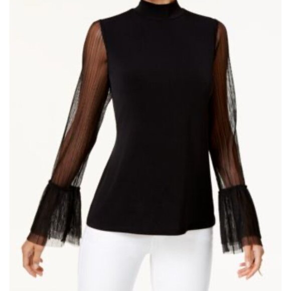 Thalia Sodi Womens Top Pullover Sheer Long Sleeves Black Sz L NEW Mock Neck Goth - Picture 1 of 13